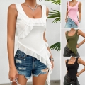 Women's Y2K Ruffle Mesh Camisole Top Elegant Square Neck Asymmetric Hem Sleeveless Slim Fit Polyester Spandex Sexy Summer Tank Top for Ladies Streetwear