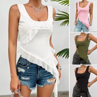 Women's Y2K Ruffle Mesh Camisole Top Elegant Square Neck Asymmetric Hem Sleeveless Slim Fit Polyester Spandex Sexy Summer Tank Top for Ladies Streetwear