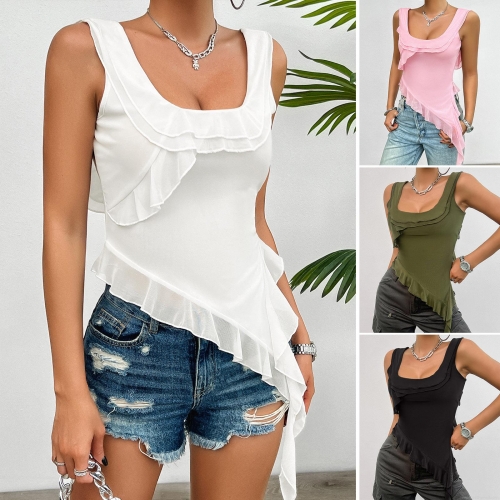 Women's Y2K Ruffle Mesh Camisole Top Elegant Square Neck Asymmetric Hem Sleeveless Slim Fit Polyester Spandex Sexy Summer Tank Top for Ladies Streetwear