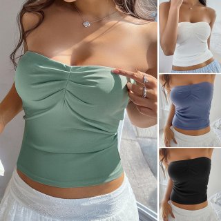 Women Y2K Ruched Strapless Tube Top Sexy Slim Fit Polyester Elastane Solid Color Cropped Tank Top For Summer Party Clubwear Streetwear