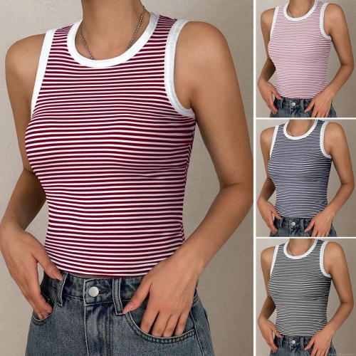 Women's Y2K Striped Knit Tank Top Sexy Slim Fit Sleeveless Crop Top Ribbed Contrast Trim Vest For Summer Party Clubwear