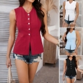 Women's Casual 100% Cotton Sleeveless V-Neck Top Button Down Vest With Pockets Summer Vacation Minimalist Solid Color Blouse For Women