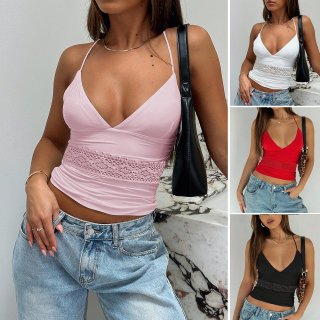 Women's Sexy Y2K Halter Neck Camisole Top Lace Patchwork Hollow Out V Neck Slim Fit Tank Top Sleeveless Polyester Elastane Blend Backless Crop Top