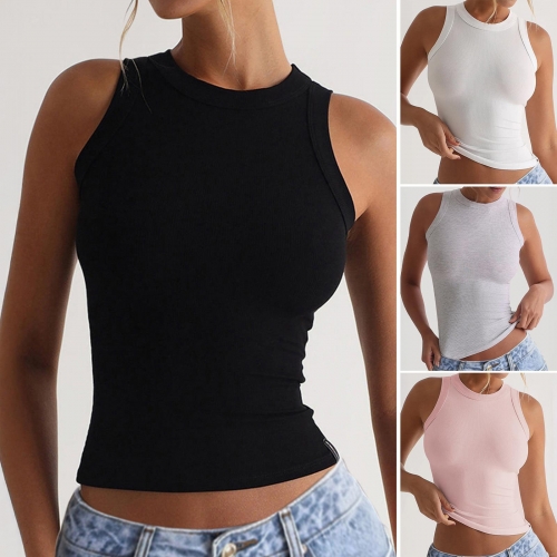 Women's Viscose Elastane Ribbed Knit Tank Top Round Neck Slim Fit Sleeveless Solid Color Casual Y2K Summer Vest For Women Daily Wear
