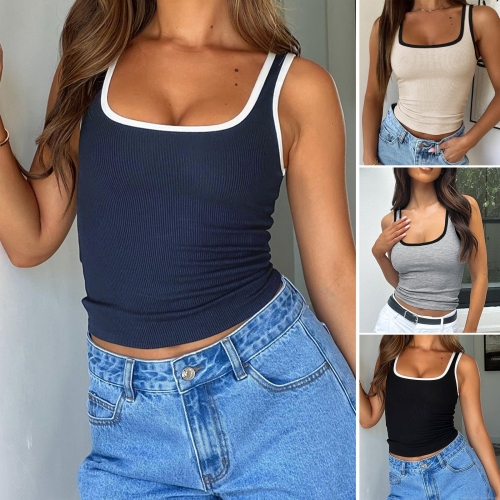 Women's Y2K Ribbed Knit Tank Top Slim Fit Contrast Binding Square Neck Sleeveless Viscose Crop Top Summer Casual Streetwear Vest