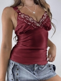 Women Sexy Y2K Lace Patchwork Satin Camisole V-Neck Rhinestone Spaghetti Strap Top Streetwear Sleeveless Vest For Party Dating
