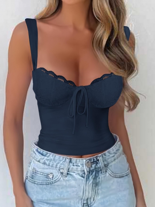 Women's Y2K Sexy Lace Trim Camisole Top Ribbed Knit Tie Front Sleeveless Tank Top Corset Style Hot Girl Streetwear Clubwear Slim Fit Tops