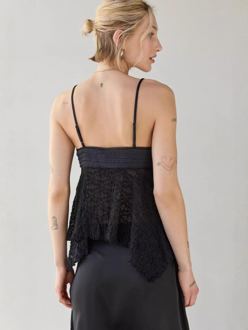Women Sexy Lace Camisole V-Neck Spaghetti Strap Top With Irregular Hem Crochet Patchwork Sweet Style Summer Sleeveless Tank Top