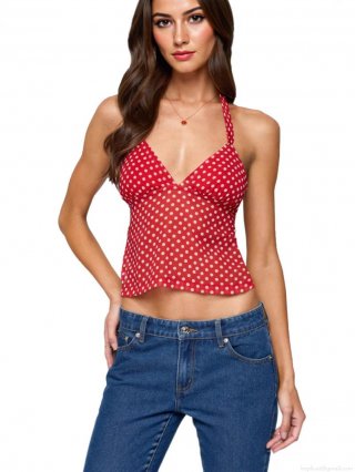 Women Sexy Polka Dot Halter Cami Top Polyester Chiffon Backless V Neck Sleeveless Crop Top For Summer Holiday Party Streetwear Clubwear