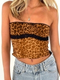 Women Sexy Leopard Print Mesh Tube Top With Black Lace Trim Ruched Strapless Crop Top For Party Clubwear Slim Fit Camisole Tank Top