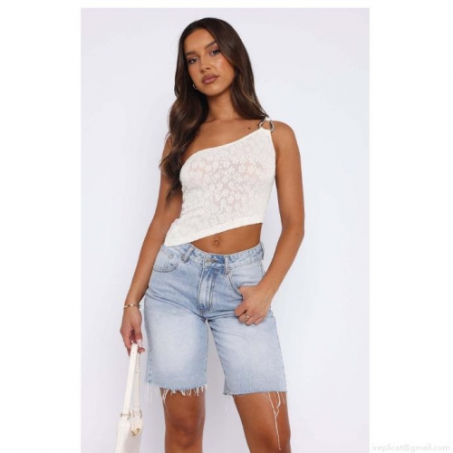 Women Sexy One Shoulder Lace Tank Top Asymmetric Floral Lace Crop Top With Metal Ring Slim Fit Sleeveless Streetwear Summer Vest