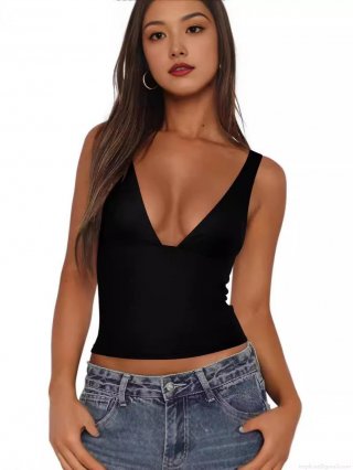 Women's Sexy Deep V Neck Tank Top Sleeveless Slim Fit Crop Top Backless Polyester Spandex Camisole For Party Clubwear Summer Daily Wear