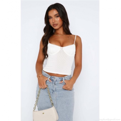 Women Sexy Ribbed Knit Crop Cami Top With Lace Trim And Pink Rosebud Detail Back Zipper Slim Fit Spaghetti Strap Tank Top For Summer Streetwear