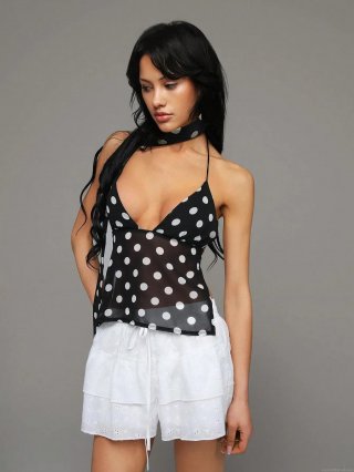 Women Sexy Polka Dot Halter Neck Camisole Top Backless Slim Fit Chiffon Sheer Vest With Matching Scarf Choker For Summer Party Streetwear