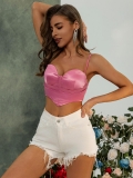 Women's Pink Satin Polyester Corset Top Sexy Backless Lace-up Camisole Spaghetti Strap Crop Top Heart Neck Irregular Hem For Club Party Streetwear Y2K Fashion