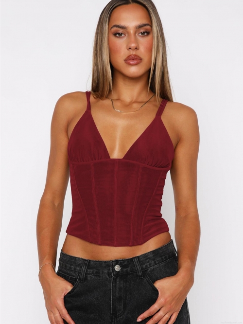 Women's Sexy V Neck Bustier Camisole Top Polyester Spandex Fishbone Corset Slim Fit Crop Top For Party Clubwear Streetwear