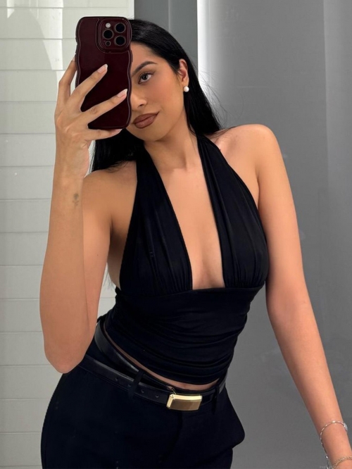 Women Sexy Halter V Neck Tank Top Ruched Slim Fit Backless Sleeveless Vest Nylon Spandex Stretchy Summer Casual Vacation Solid Color Top