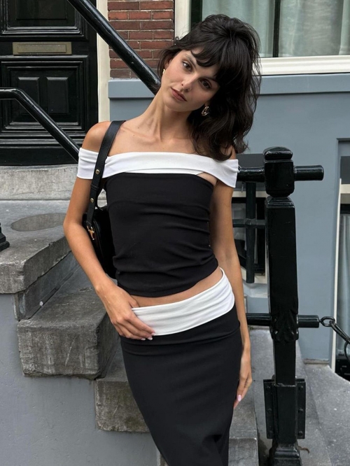 Women's Sexy Contrast Fold-Over Collar Off-Shoulder Crop Top Polyester Spandex Strapless Slim Fit Streetwear Chic Black White Tube Top