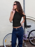 Women's Sexy One Shoulder Tie Knot Tank Top Asymmetric Neckline Slim Fit Ribbed Knit Camisole Solid Color Casual Streetwear Vest Top for Ladies
