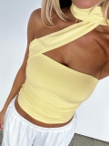 Women's Sexy Ruched Tube Top Halter Neck Sleeveless Tank Top With Streamers Asymmetrical Pleated Summer Streetwear Crop Top For Women