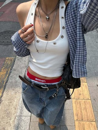 Women's Sexy Halter Neck Ribbed Vest Top With Metal Grommet Eyelets Summer Sleeveless Backless Street Style Slim Fit Tank Top Polyester Blend