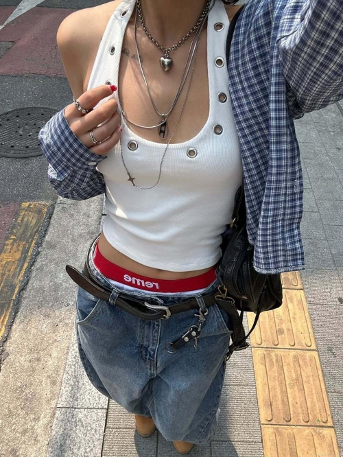 Women's Sexy Halter Neck Ribbed Vest Top With Metal Grommet Eyelets Summer Sleeveless Backless Street Style Slim Fit Tank Top Polyester Blend