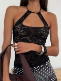 Women Sexy Black Floral Lace Halter Tank Top Sleeveless Backless Hollow Out Camisole Nightclub Party Summer Wear Nylon Spandex Slim Fit Crop Top