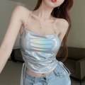 Women Sexy Halter Neck Cami Top Metal Chain Strap Holographic Metallic Tank Top Side Drawstring Ruched Crop Top For Party Y2K Clubwear Polyester Elastane