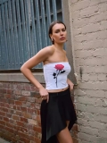 Women Sexy Rose Print Tube Top Strapless Polyester Elastane Milk Silk Blend Navel-Baring Slim Fit Short Camisole For Summer Party Streetwear
