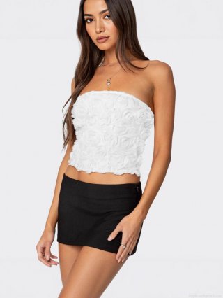 Women Sexy 3D Rose Flower Tube Top Slim Fit Strapless Crop Top For Summer Party Clubwear Polyester Spandex 3D Floral Texture Streetwear Pink White Red Black