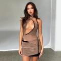Women Sexy Halter Backless Mesh Top Cut Out Bandage Ruched Vest Asymmetric Hem Polyester Camisole For Party Clubwear Streetwear
