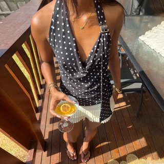 Women's Retro Polka Dot Halter Top Cowl Neck Sleeveless Backless Slim Fit Tank Top Summer Sexy Draped Cami Top with Metal Ring