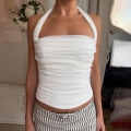 Women Sexy Halter Neck Ruched Tank Top Backless Slim Fit Polyester Spandex Back Zipper Camisole Summer Party Clubwear Streetwear White