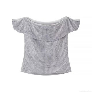 Sexy Silver Rhinestone Off-Shoulder Camisole Top For Women Elegant Glitter Mesh Slim Fit Evening Party Clubwear Blouse