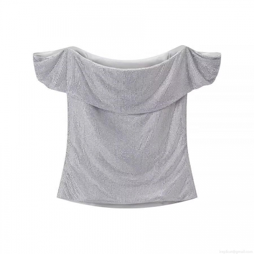 Sexy Silver Rhinestone Off-Shoulder Camisole Top For Women Elegant Glitter Mesh Slim Fit Evening Party Clubwear Blouse