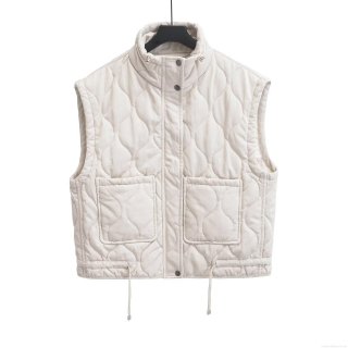 Women's Quilted Vest Sleeveless Stand Collar Jacket With Drawstring Hem Pockets Diamond Wave Quilted Waistcoat Casual Solid Color Outerwear For Women