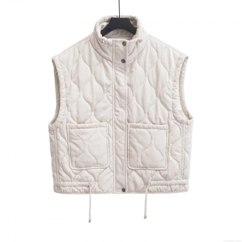 Women's Quilted Vest Sleeveless Stand Collar Jacket With Drawstring Hem Pockets Diamond Wave Quilted Waistcoat Casual Solid Color Outerwear For Women