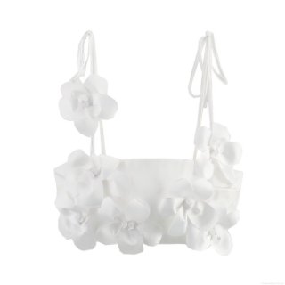 Women Sexy White 3D Flower Camisole Top Spaghetti Strap Backless Tie-Up Crop Top For Summer Party Clubwear Night Out
