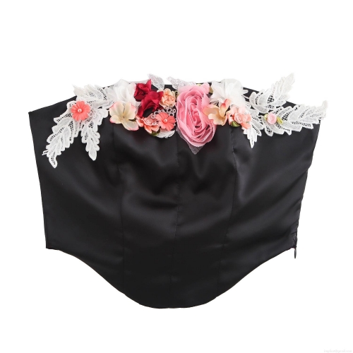 Women Sexy Strapless Satin Tube Top With 3D Floral Lace Decoration Corset Style Bodycon Crop Top For Party Clubwear Spice Girl Apparel
