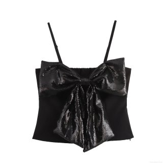 Women Sexy Black Sequin Bow Camisole Top Short Slim Fit Polyester Tank Top For Club Party Sweet Spicy Style Women Clothing