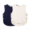 Women's French Style Round Neck Knit Vest Sleeveless Polyester Sweater With Curved Hem And Gold Side Buttons Minimalist Short Layered Top