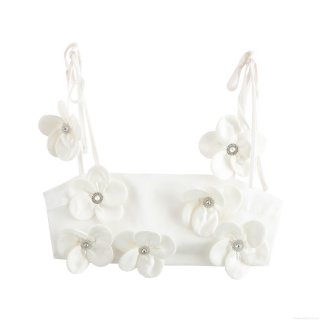 Women's Sweet 3D Flower Camisole Top Elegant Satin Sleeveless Tie Shoulder Crop Top With Rhinestone Decoration Smocked Back Summer Vacation Party Apparel