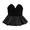 Women's Strapless Tube Top Velvet Satin Patchwork Sexy Peplum Hem Slim Fit Sleeveless Corset Top Back Zipper Elegant Party Clubwear Black