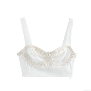 Women's Sexy White Crop Top Bustier With Beige Rope Braided Knot Strappy Camisole Side Zipper Slim Fit Backless Tank Top For Summer Party Clubwear
