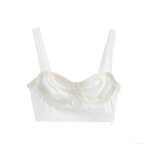 Women's Sexy White Crop Top Bustier With Beige Rope Braided Knot Strappy Camisole Side Zipper Slim Fit Backless Tank Top For Summer Party Clubwear