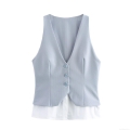 Women's Fake Two-piece Striped Suit Vest V-neck Sleeveless Office Lady Waistcoat With Shirt Hem Urban Commuter Slim Fit Polyester Top
