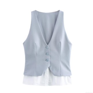 Women's Fake Two-piece Striped Suit Vest V-neck Sleeveless Office Lady Waistcoat With Shirt Hem Urban Commuter Slim Fit Polyester Top
