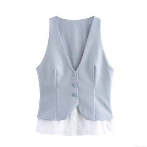 Women's Fake Two-piece Striped Suit Vest V-neck Sleeveless Office Lady Waistcoat With Shirt Hem Urban Commuter Slim Fit Polyester Top