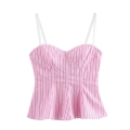 Sweet Women Pink Striped Camisole Lace Trim Sweetheart Neckline Corset Tank Top Slim Fit Sleeveless Crop Top For Summer Party Beach Clubwear Casual Girly Style Fashion Clothing