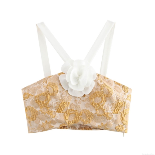 Women's Sweet 3D Flower Jacquard Crop Top White Strap Floral Brocade Camisole Gold Tank Top For Summer Party Clubwear